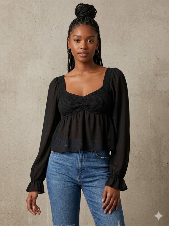 honey & sparkle Tops - Honey & Sparkle Smocked V-Neck Long Puff Sleeve Top, Black